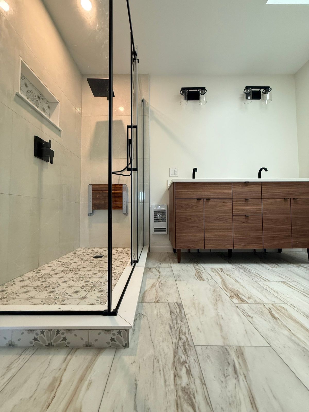 Baker Street finished bathroom, shower and double vanity together.