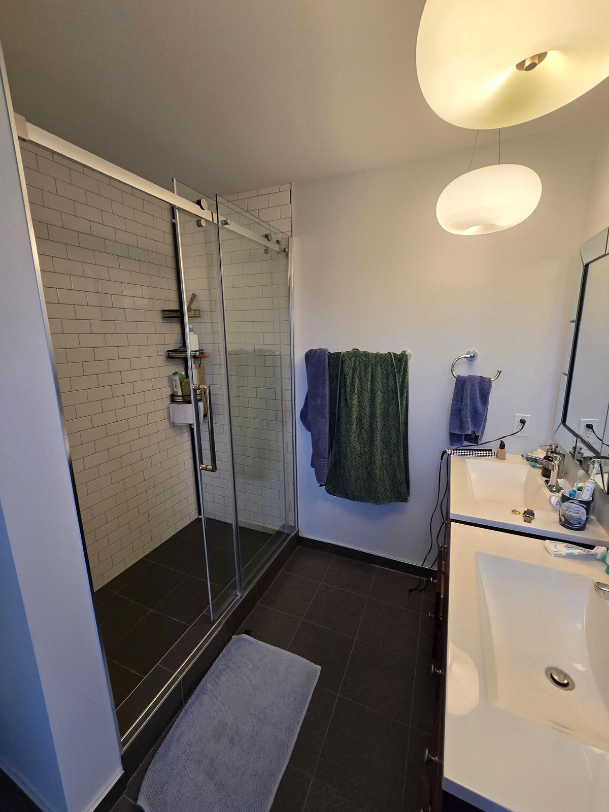 The finished glass shower and double vanity at Newtown Road.
