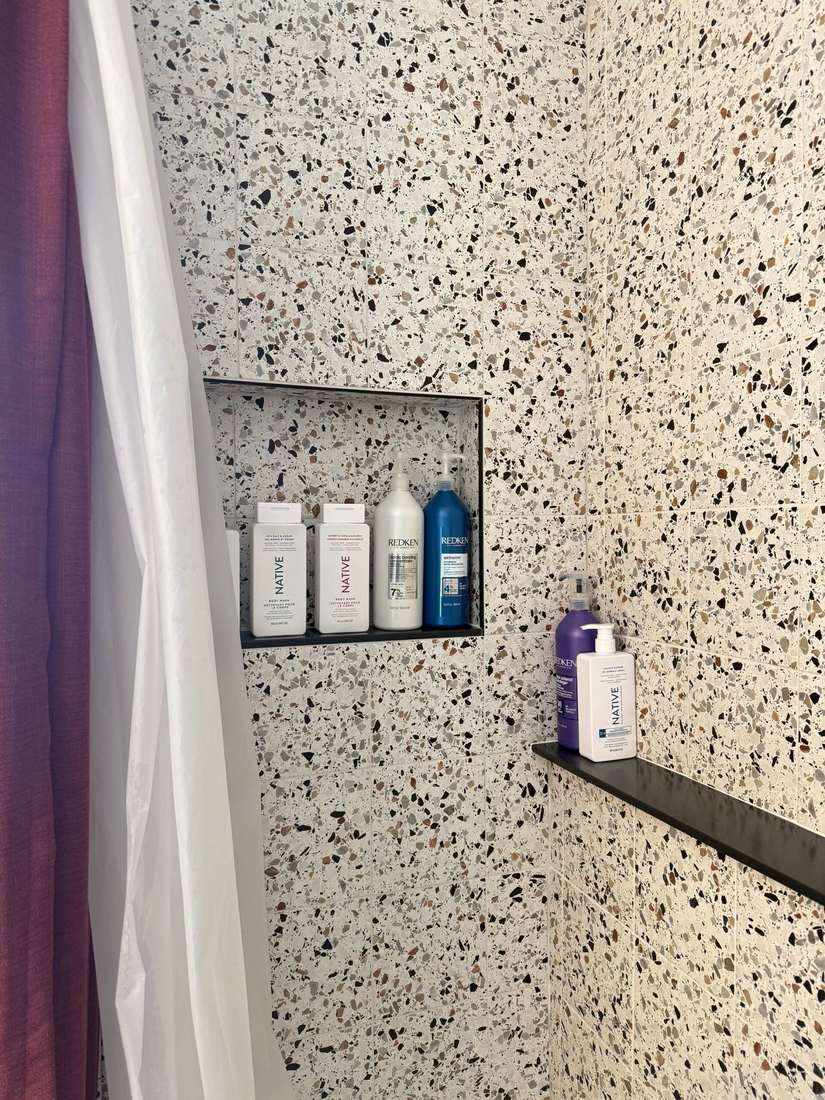 Glenlonan Ensuite — terrazzo tile and shower niche detail.
