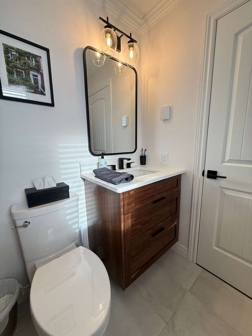Glenlonan Ensuite — finished walnut vanity and mirror.